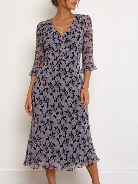 Vintage Jane Seymour Signature 100% Silk Floral Midi Dress Ruffle Neck 16 MS